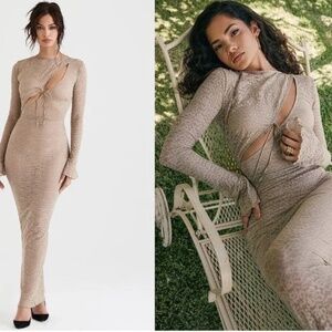 House of CB GIOVANNA STONE FLORAL LACE MAXI DRESS Long Sleeve Body-Con NWT XS